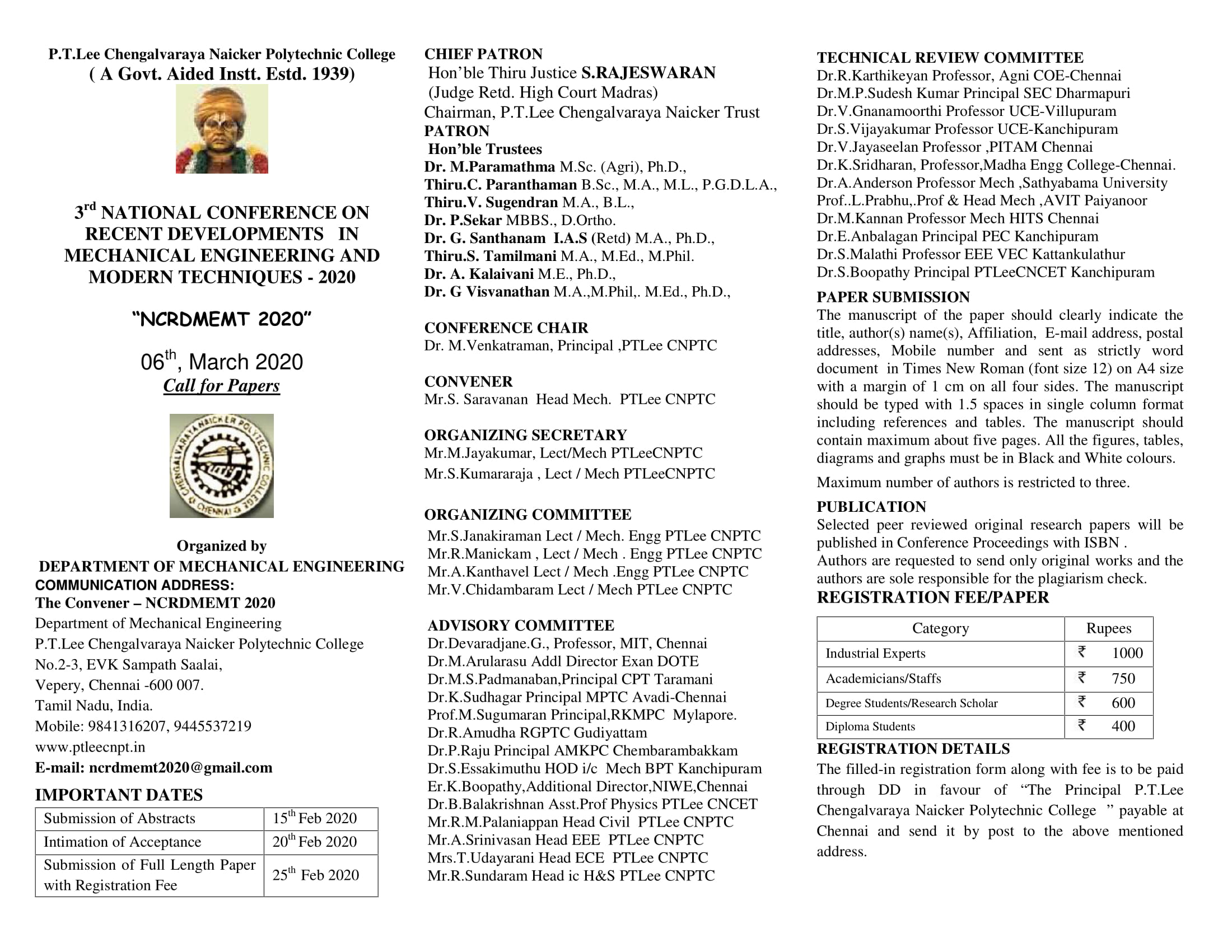 National Conference on Recent Developments in Mechanical Engineering and Modern Techniques NCRDMEMT 2020